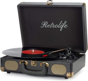 Retrolife Vinyl Record Player 3-Speed Bluetooth Suitcase Portable Belt-Driven Record Player