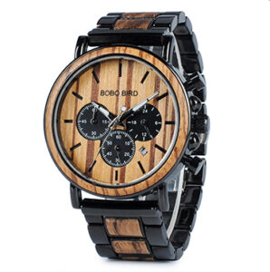 BOBO BIRD Natural Large Size Stylish Wood & Stainless Steel Date and Chronograph Display Men's Watch
