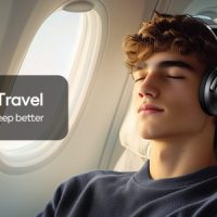 Traveler wearing active noise cancelling headphones on a train, illustrating how to choose ANC headphones